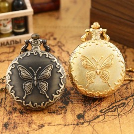 2pcs Set Vintage Butterfly Quartz Pocket Watches For Women - Elegant Alloy With Chain Necklace & Gift Box, Perfect Romantic Present