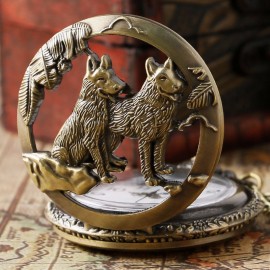 Classic Vintage Pocket Watch Bronze Dog Wolf Hollow Quartz Fob Pocket Watch With Necklace Chain Cool Pendant Clock Gift For Women Men