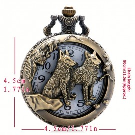 Classic Vintage Pocket Watch Bronze Dog Wolf Hollow Quartz Fob Pocket Watch With Necklace Chain Cool Pendant Clock Gift For Women Men