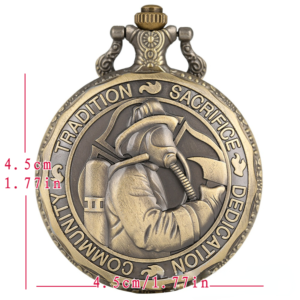 Unique Embossed Bronze Classic Firefighters Pocket Watch - Antique-Style Quartz Pocket Watch with Fob Chain - Collectible Souvenir Pendant Clock Gift with Timeless Design