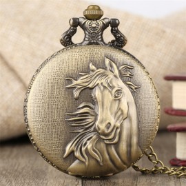 Vintage Bronze Pocket Watch Quartz Horse Hunter Pendant Watch With Fob Necklace Chain Best Gift For Women