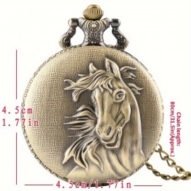 Vintage Bronze Pocket Watch Quartz Horse Hunter Pendant Watch With Fob Necklace Chain Best Gift For Women