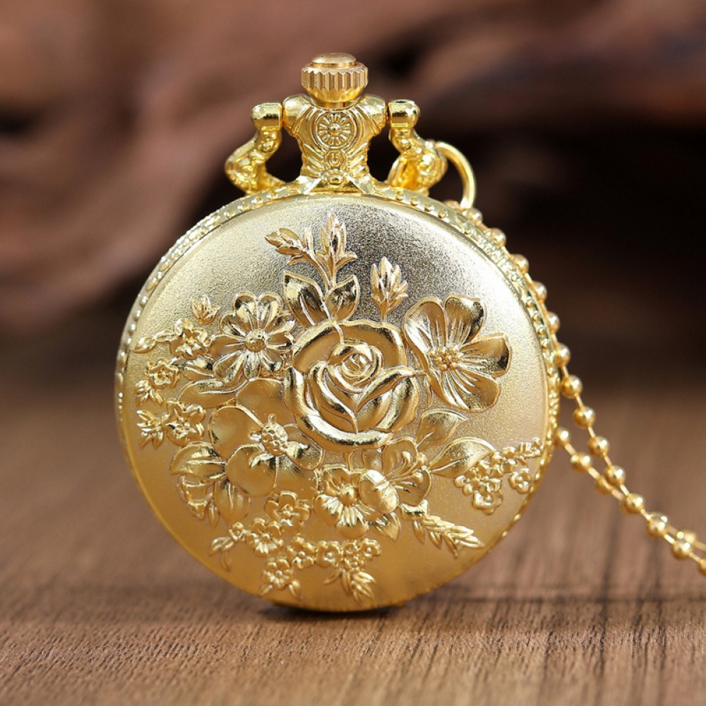 2pcs/set, Women's Pocket Watches 1pc Fashion Women's 'rose Pattern Design' quartz Pocket Watch & 1pc Women's Classic Golden Cross Necklace Pendant, Valentine's Gift, The Ideal Gift for Her