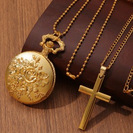 2pcs/set, Women's Pocket Watches 1pc Fashion Women's 'rose Pattern Design' quartz Pocket Watch & 1pc Women's Classic Golden Cross Necklace Pendant, Valentine's Gift, The Ideal Gift for Her