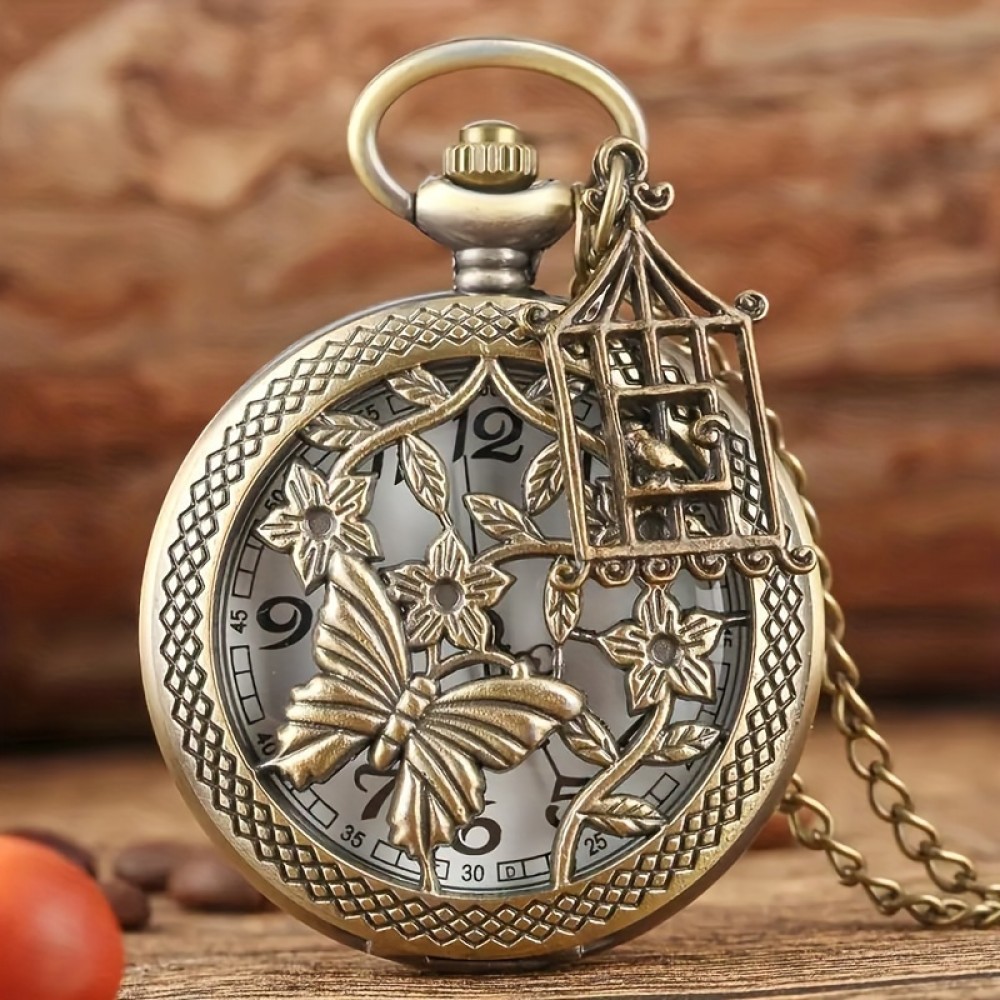 Vintage Bronze 3D Butterfly and Floral Carved Pocket Watch with Necklace Chain, Elegant Pendant Timepiece, Ladies' Gift, Fashion Accessory, Commemorative Quartz Movement, Electronic Drive, Non-rechargeable Button Battery Included