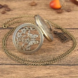 Vintage Bronze 3D Butterfly and Floral Carved Pocket Watch with Necklace Chain, Elegant Pendant Timepiece, Ladies' Gift, Fashion Accessory, Commemorative Quartz Movement, Electronic Drive, Non-rechargeable Button Battery Included