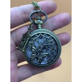 Vintage Bronze 3D Butterfly and Floral Carved Pocket Watch with Necklace Chain, Elegant Pendant Timepiece, Ladies' Gift, Fashion Accessory, Commemorative Quartz Movement, Electronic Drive, Non-rechargeable Button Battery Included