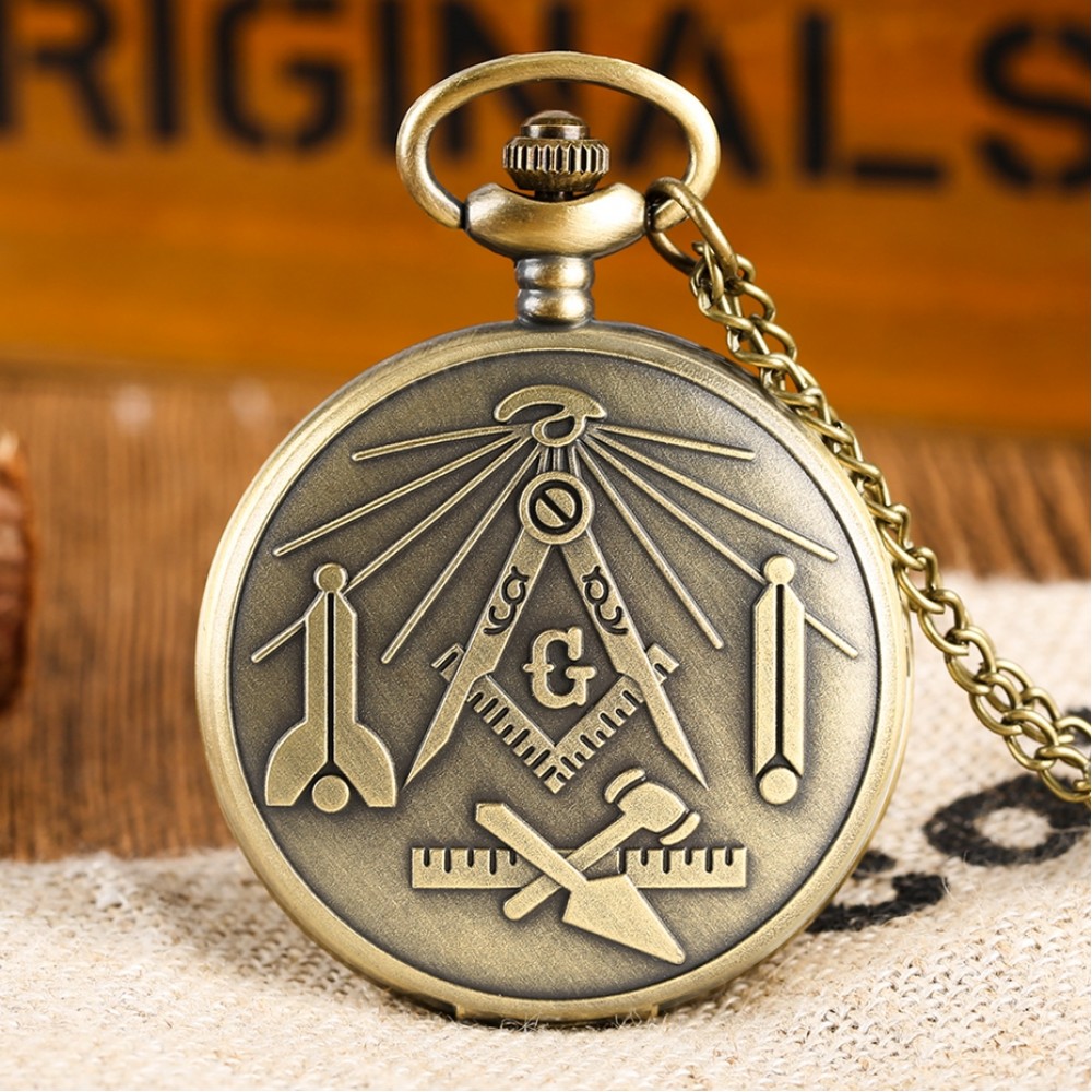 Bronze Freemasonry Pocket Watch Quartz Vintage Watch With Necklace Chain Gift For Women Men