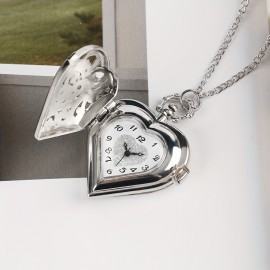 Vintage Heart-Shaped Quartz Pocket Watch Necklace - Hollow Out Design, Fashion Chain, Romantic Valentines Gift for Women, Her, Girlfriend, Wife, or Mom - Unique, Elegant, and Timeless Accessory