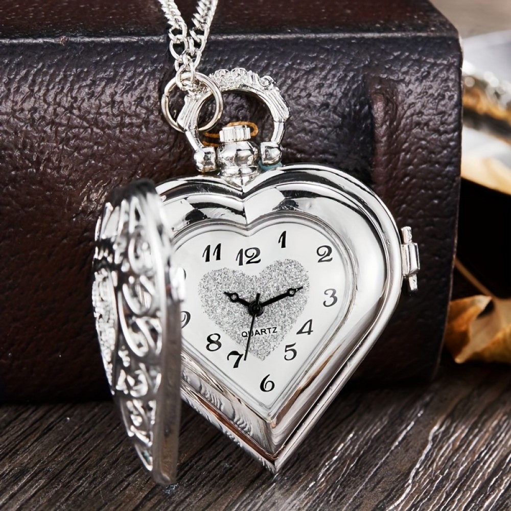 Vintage Heart-Shaped Quartz Pocket Watch Necklace - Hollow Out Design, Fashion Chain, Romantic Valentines Gift for Women, Her, Girlfriend, Wife, or Mom - Unique, Elegant, and Timeless Accessory