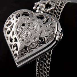 Vintage Heart-Shaped Quartz Pocket Watch Necklace - Hollow Out Design, Fashion Chain, Romantic Valentines Gift for Women, Her, Girlfriend, Wife, or Mom - Unique, Elegant, and Timeless Accessory