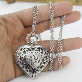 Vintage Heart-Shaped Quartz Pocket Watch Necklace - Hollow Out Design, Fashion Chain, Romantic Valentines Gift for Women, Her, Girlfriend, Wife, or Mom - Unique, Elegant, and Timeless Accessory