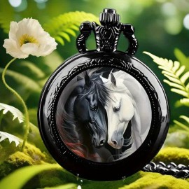 Exquisite Round Quartz Pocket Watch - Elegant Love Horse Engraved Chain, Unique Fashion Accessory with Precise Timekeeping, Perfect for Parties, New Year, Christmas, Birthday Gift, and Special Occasions