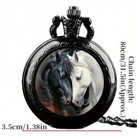 Exquisite Round Quartz Pocket Watch - Elegant Love Horse Engraved Chain, Unique Fashion Accessory with Precise Timekeeping, Perfect for Parties, New Year, Christmas, Birthday Gift, and Special Occasions