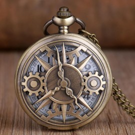 Steampunk Gear Quartz Pocket Watch Vintage Bronze Analog Necklace Chain Watch Clothing Pendant Gift For Men Women