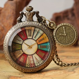 Rome Fashion Vintage Quartz Pocket Watch Necklace - Stainless Steel Chain, Analog Display, Stained Glass Charm, Classic Design, Perfect Souvenir Gift for Him/Her