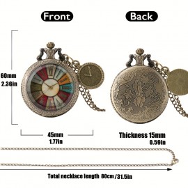 Rome Fashion Vintage Quartz Pocket Watch Necklace - Stainless Steel Chain, Analog Display, Stained Glass Charm, Classic Design, Perfect Souvenir Gift for Him/Her