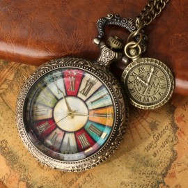 Rome Fashion Vintage Quartz Pocket Watch Necklace - Stainless Steel Chain, Analog Display, Stained Glass Charm, Classic Design, Perfect Souvenir Gift for Him/Her