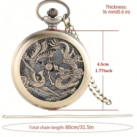 Engraved Dragon Phoenix Quartz Pocket Watch - Timeless Vintage Analog Style with Necklace Chain - Perfect Auspicious Gift for Women, Men & Fathers Day