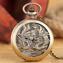 Engraved Dragon Phoenix Quartz Pocket Watch - Timeless Vintage Analog Style with Necklace Chain - Perfect Auspicious Gift for Women, Men & Fathers Day