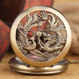 Engraved Dragon Phoenix Quartz Pocket Watch - Timeless Vintage Analog Style with Necklace Chain - Perfect Auspicious Gift for Women, Men & Fathers Day