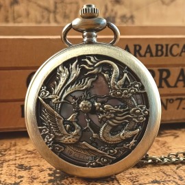 Engraved Dragon Phoenix Quartz Pocket Watch - Timeless Vintage Analog Style with Necklace Chain - Perfect Auspicious Gift for Women, Men & Fathers Day