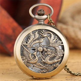 Retro Half Hunter Hollow Dragon Phoenix Design Pendant Men Women Pocket Watch Chain Fashion Cool Clock Children Gift