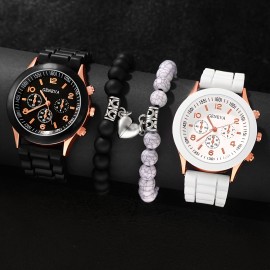 4 Pcs Quartz Watch Silicone Strap Plastic Case And Heart-Shaped Pendant Bracelet, Perfect Gift For Her, Romantic Couple Watch