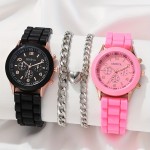 4pcs/set Round Quartz Watch Rubber Strap Zinc Alloy Pointer Zinc Alloy Case And Heart-shaped Magnetic Bracelet Gift For Women Suitable For Daily Wear Or Vacation, Suitable For Wearing All Year Round