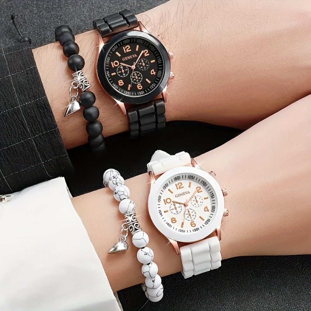 4pcs/set Fashion Unisex Silicone Strap Quartz Watch And Couple Love Heart Stainless Steel Bracelet Set