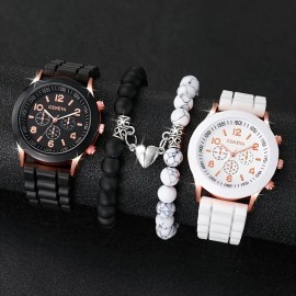 4pcs/set Fashion Unisex Silicone Strap Quartz Watch And Couple Love Heart Stainless Steel Bracelet Set