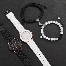 4pcs/set Fashion Unisex Silicone Strap Quartz Watch And Couple Love Heart Stainless Steel Bracelet Set