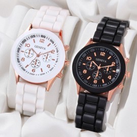 2pcs Casual Round Pointer Quartz Watch Fashion Analog Wrist Watch For Women Men Valentines Gift For Him Her