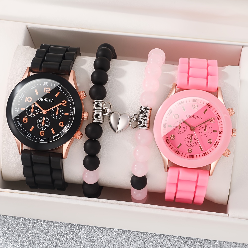 4Pcs/Set Fashionable And Minimalist Pointer Style Couple Quartz Watch, 2Pcs Watch+2Pcs Jewelry, Suitable For Daily Use Or Gift Giving, Suitable For Wearing All Year Round