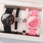 4Pcs/Set Fashionable And Minimalist Pointer Style Couple Quartz Watch, 2Pcs Watch+2Pcs Jewelry, Suitable For Daily Use Or Gift Giving, Suitable For Wearing All Year Round