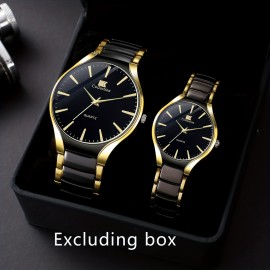 2 Pcs Round Quartz Watch Zinc Alloy Strap Zinc Alloy Pointer Zinc Alloy Case Black And Golden Color, Elegant Couple's Gift For Valentine's Day, Perfect Present For Loved One