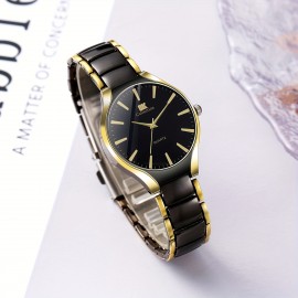 2 Pcs Round Quartz Watch Zinc Alloy Strap Zinc Alloy Pointer Zinc Alloy Case Black And Golden Color, Elegant Couple's Gift For Valentine's Day, Perfect Present For Loved One