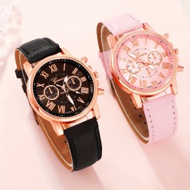 4 Pcs Round Quartz Watch PU Leather Strap Zinc Alloy Pointer Zinc Alloy Case And Bracelet For Women Men