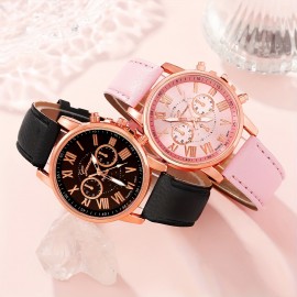 4 Pcs Round Quartz Watch PU Leather Strap Zinc Alloy Pointer Zinc Alloy Case And Bracelet For Women Men