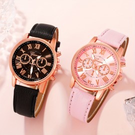 4 Pcs Round Quartz Watch PU Leather Strap Zinc Alloy Pointer Zinc Alloy Case And Bracelet For Women Men