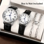 Chic 4pcs Couples' Quartz Watch & Magnetic Bracelet Set - Fashionable Black Faux Leather, Perfect Gift for Her