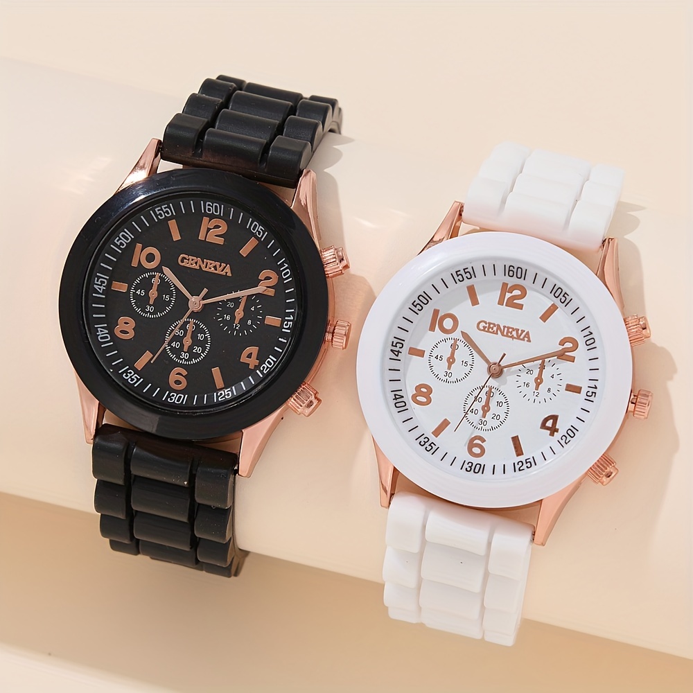 2pcs Couples Watch Casual Round Pointer Quartz Watch Analog Silicone Wrist Watch, Valentines Gift For Him Her