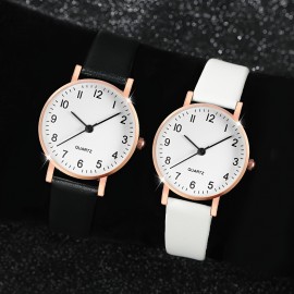 Simple Style Couple's Watches Set of 2, Shock-Resistant Quartz Movement, Round Analog Display with PU Leather Band, Alloy Case, Non-Rechargeable Battery - Electronic Drive Quartz Wristwatches for Couples