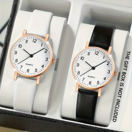 Simple Style Couple's Watches Set of 2, Shock-Resistant Quartz Movement, Round Analog Display with PU Leather Band, Alloy Case, Non-Rechargeable Battery - Electronic Drive Quartz Wristwatches for Couples