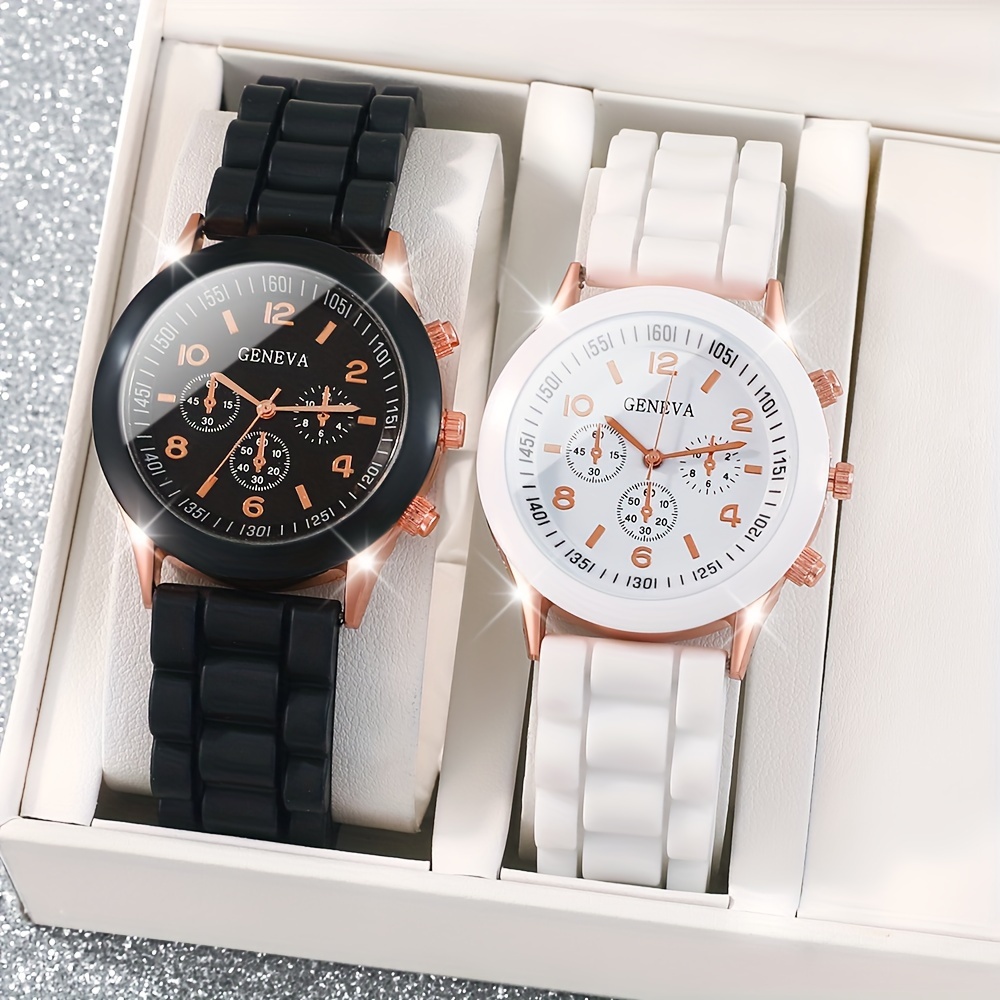 Chic 2pcs Couples' Watch Set - Minimalist Design, Quartz Movement, Rubber Strap - Perfect For Daily Wear & Gifts Watches For Women Luxury