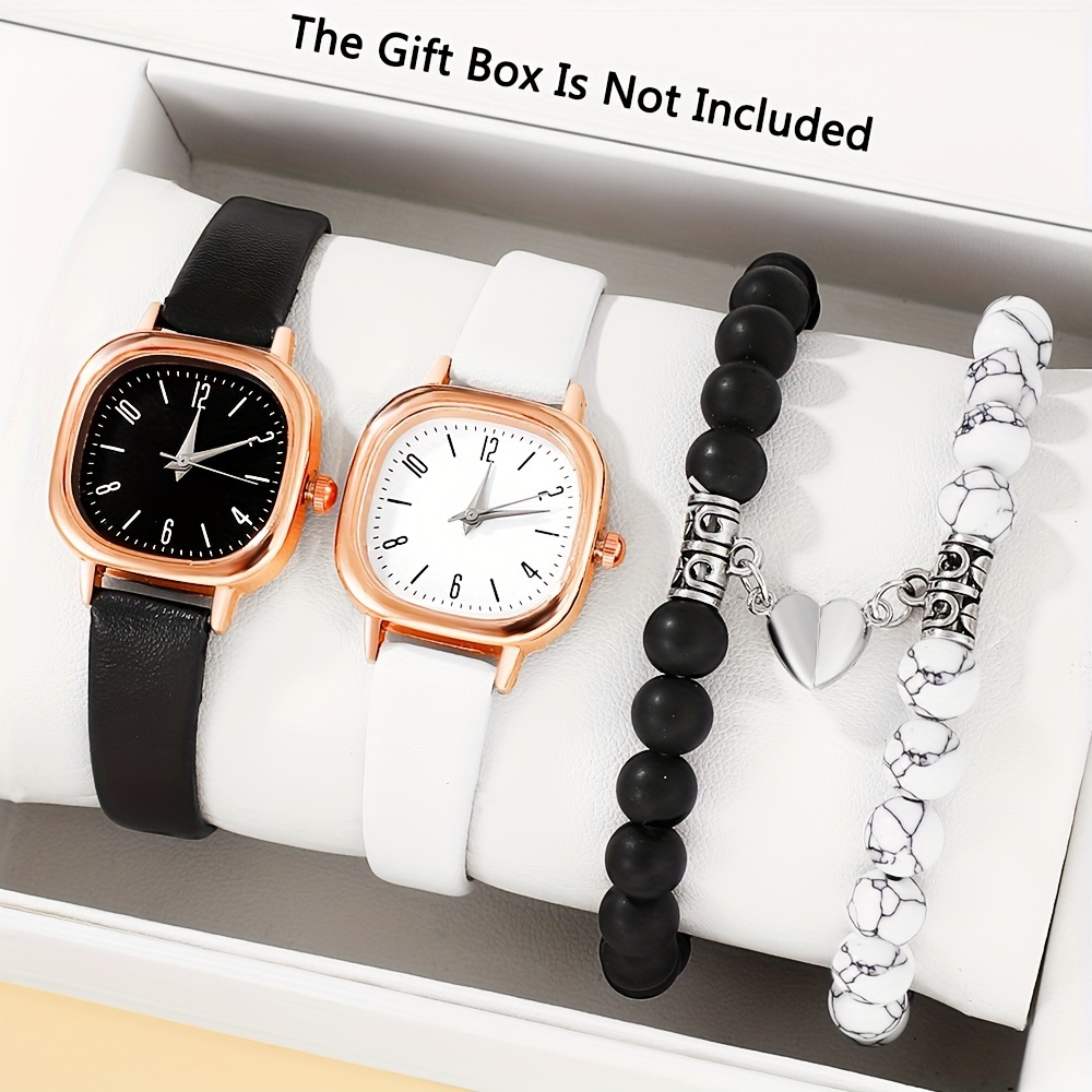 4pc Simple Style Couple Watches Set with Square Dial, PU Leather Band, Quartz Movement and Beaded Heart Bracelet - Zinc Alloy Case Electronic Drive Couple's Watch Gift Set for Birthday and Anniversary