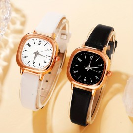 4pc Simple Style Couple Watches Set with Square Dial, PU Leather Band, Quartz Movement and Beaded Heart Bracelet - Zinc Alloy Case Electronic Drive Couple's Watch Gift Set for Birthday and Anniversary