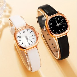 4pc Simple Style Couple Watches Set with Square Dial, PU Leather Band, Quartz Movement and Beaded Heart Bracelet - Zinc Alloy Case Electronic Drive Couple's Watch Gift Set for Birthday and Anniversary