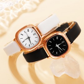 4pc Simple Style Couple Watches Set with Square Dial, PU Leather Band, Quartz Movement and Beaded Heart Bracelet - Zinc Alloy Case Electronic Drive Couple's Watch Gift Set for Birthday and Anniversary