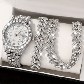 3pcs/set, Men's Fashion Rhinestone Calendar Quartz Watch And Rhinestone Chain, Gift For Him